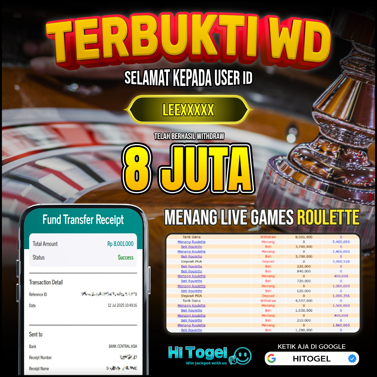 Bukti JP Dan WD Pemain HiTogel