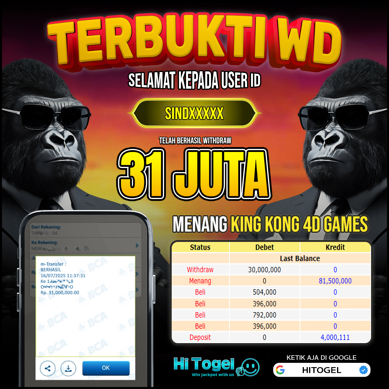 Bukti JP Dan WD Pemain HiTogel
