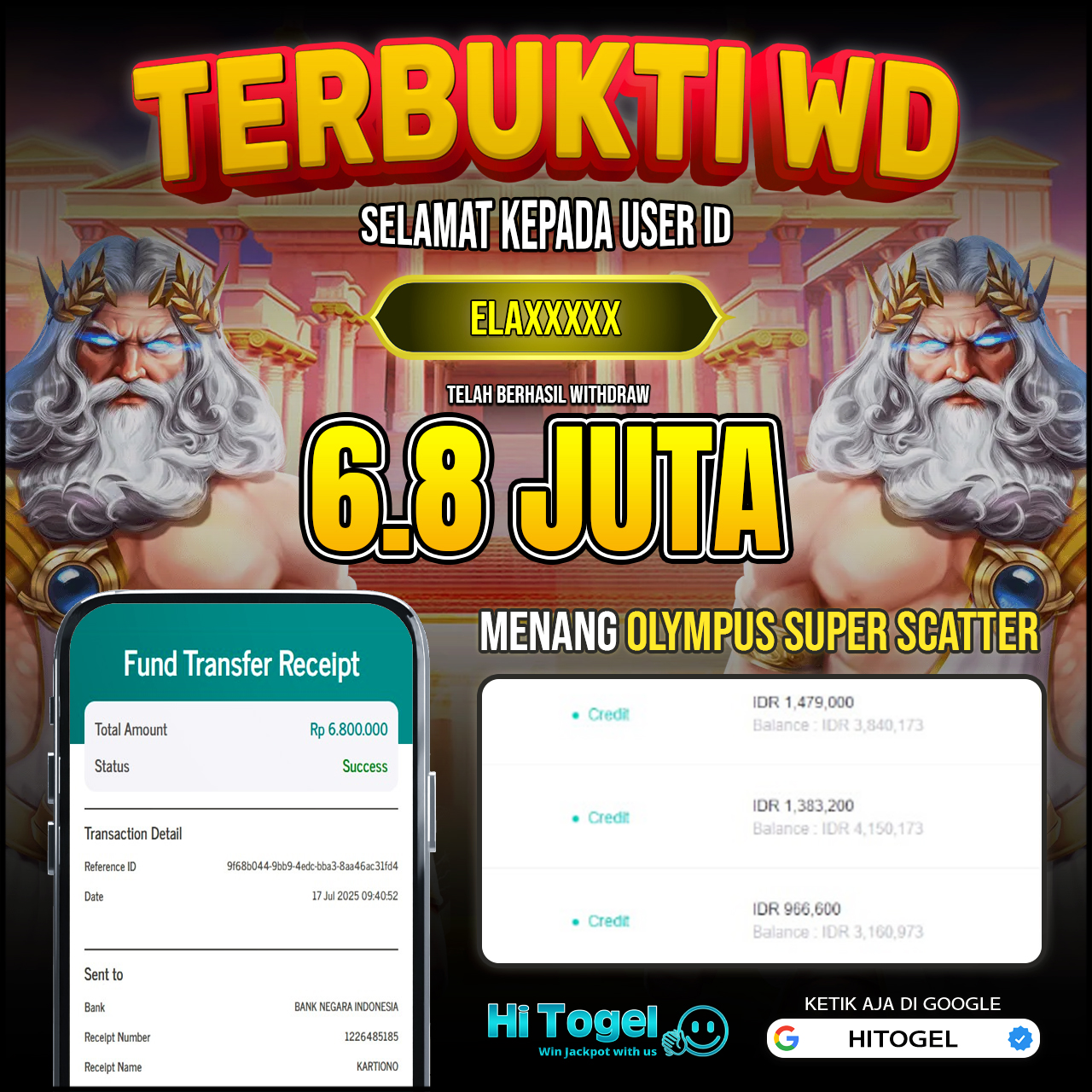 Bukti JP Dan WD Pemain HiTogel