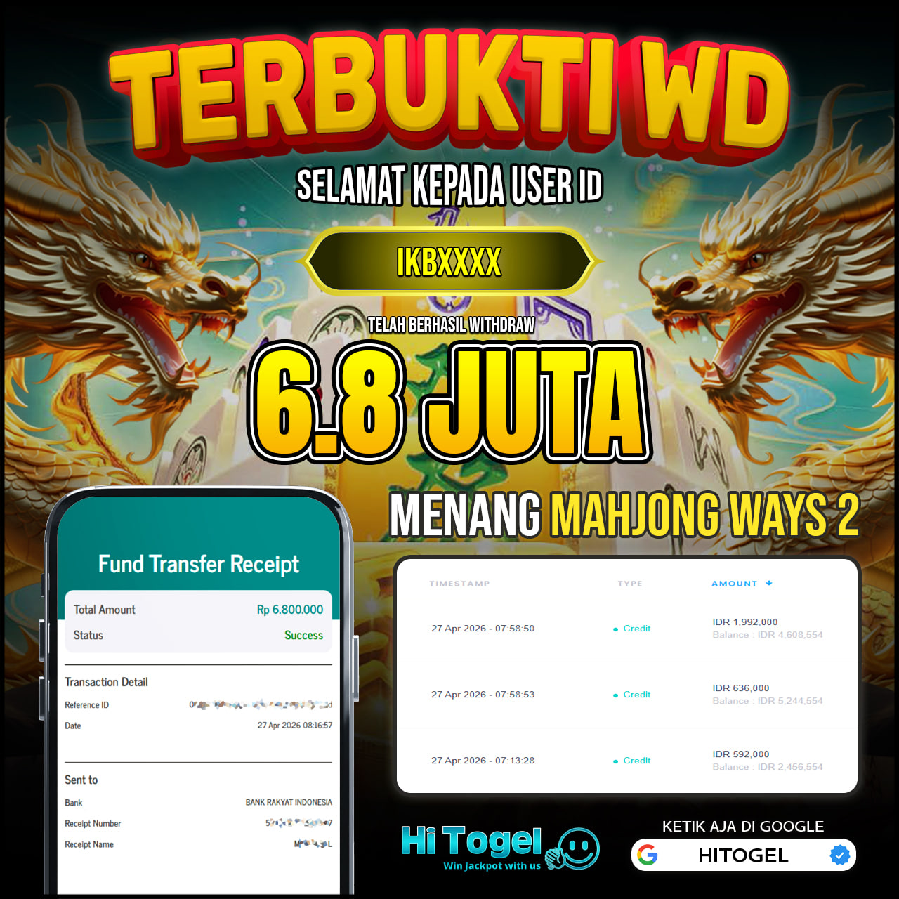 Bukti JP Dan WD Pemain HiTogel